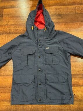 Topo Designs Mountain Utility Jacket Mens Small Blue and Red Outdoor Hiking